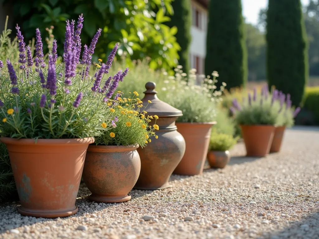 Vintage Container Garden on Gravel - A charming Mediterranean garden scene with weathered terracotta pots, antique copper vessels, and rustic ceramic containers arranged naturally on light-colored gravel. The containers overflow with cottage garden flowers including lavender, verbena, and wild daisies. Some flowers appear to have self-seeded between the pots, creating a naturalistic, romantic atmosphere. Early morning sunlight casts long shadows across the gravel, highlighting the patina of the vintage containers. Soft bokeh effect in background with cypress trees suggesting Mediterranean setting.