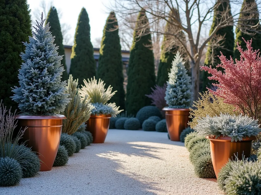 Winter Gravel Garden with Frost-Kissed Containers - A serene winter garden scene featuring elegant frost-resistant containers arranged on pale limestone gravel. The focal point shows tall copper containers housing silvery-blue cypress trees and burgundy-stemmed dogwoods. Surrounding containers display winter-blooming hellebores, silvery artemisia, and red-berried skimmia. The low winter sun casts long shadows across the bleached gravel, highlighting the architectural forms of the plants. Frost glistens on evergreen foliage, creating a crystalline effect. The composition is photographed in crisp, clear winter light, with a subtle Mediterranean styling.