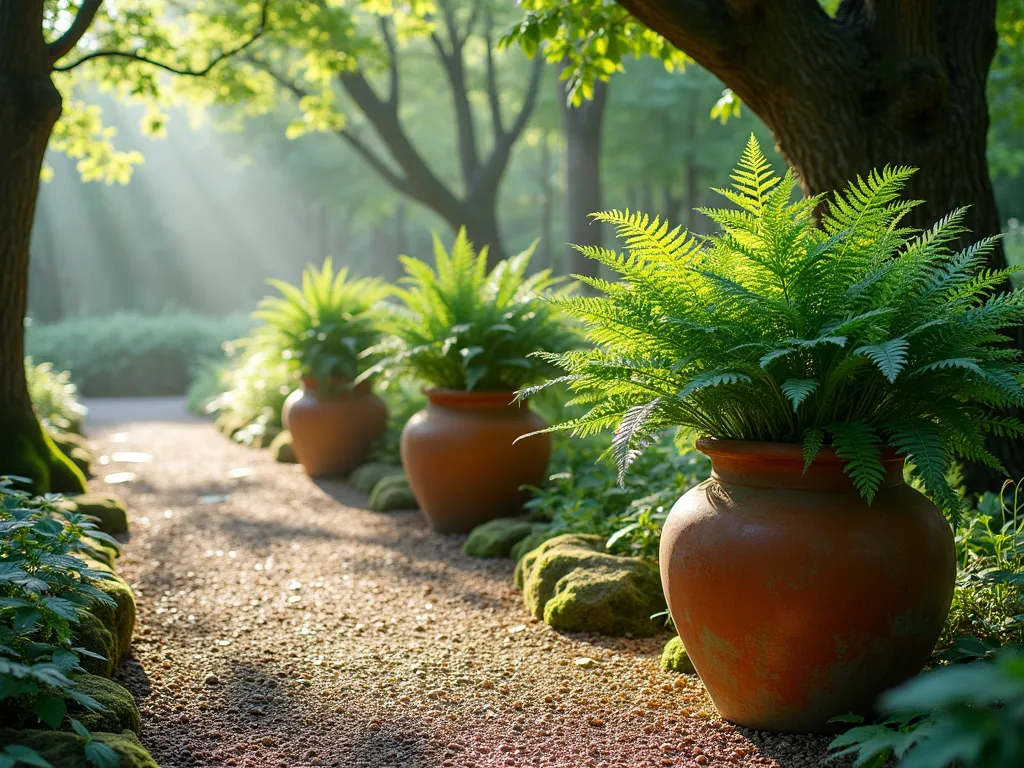 Woodland Edge Gravel Path with Potted Shade Garden - A serene garden path made of natural gravel winding along the edge of a woodland area, photography style. Multiple weathered terracotta and rustic ceramic containers of varying sizes are artistically arranged along the path's edge. The pots showcase a lush collection of shade-loving plants including dramatic Japanese painted ferns, large-leafed hostas with blue-green foliage, and delicate native woodland flowers. Dappled sunlight filters through overhead tree canopy, creating atmospheric lighting. The path transitions naturally from cultivated garden to wild woodland, with moss-covered stones and fallen leaves adding authenticity. Soft morning mist in background, photorealistic, 4K quality.