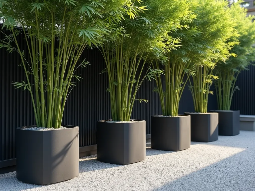 Zen Bamboo Privacy Screen with Gravel Base - A serene garden scene featuring tall black bamboo plants growing from sleek, large charcoal-colored contemporary containers arranged in a row on a pristine white and gray gravel base. The bamboo creates a natural privacy screen, casting gentle shadows on the gravel below. Soft afternoon lighting enhances the peaceful, Asian-inspired aesthetic. The composition shows meticulous gravel placement with gentle ripple patterns around the containers, photorealistic, architectural photography style.