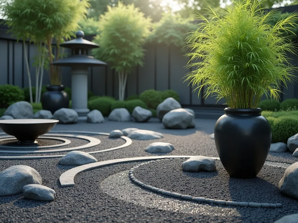 Zen Garden with Black Gravel and Bamboo - A serene Japanese garden with polished black gravel carefully raked in circular patterns, featuring elegant tall ceramic pots containing green bamboo stalks and flowing Japanese forest grass. A traditional stone lantern casts gentle shadows, while a small stone water basin creates peaceful ripples. Minimalist design with natural stone elements and careful spacing between elements. Soft morning light creates a peaceful atmosphere. Photorealistic, high detail, architectural photography style.