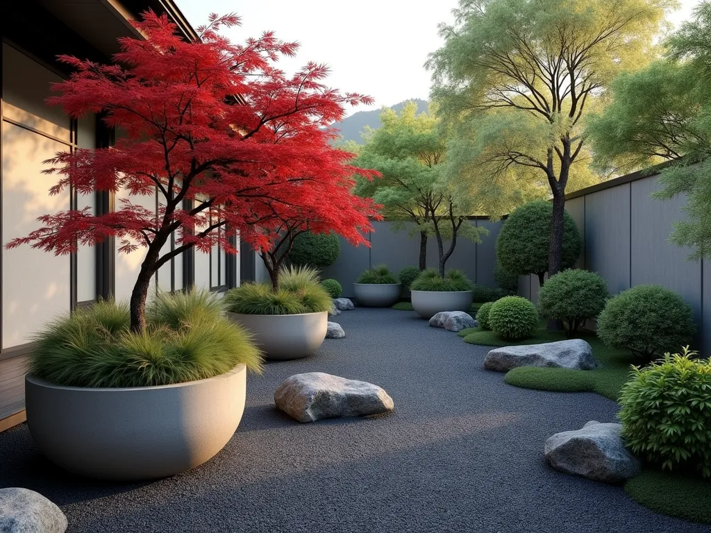 Zen Gravel Path with Elevated Japanese Maple Planters - A serene Japanese-inspired garden path made of dark charcoal gravel, featuring modernist cylindrical concrete planters elevated on pedestals at varying heights. The planters showcase graceful Japanese maple trees with deep red foliage and flowing ornamental grasses catching the soft afternoon light. The minimalist pathway is bordered by smooth river rocks, creating a contemplative journey through the space. Photorealistic, architectural photography style, soft natural lighting, 4k detailed, peaceful atmosphere