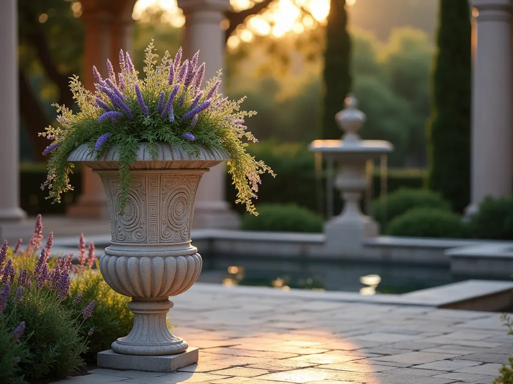 Classic Greek Garden Urn Display - A stunning dusk photograph of an elegant stone Grecian urn, standing 4 feet tall with intricate Greek key patterns and relief designs, positioned as a focal point in a Mediterranean garden. The urn contains cascading silver cascade artemisia and purple trailing lantana. Soft golden hour lighting casts long shadows across a stone patio, while classic Greek columns frame the background. The urn is surrounded by lavender bushes and cypress trees, creating depth and context. A water feature provides gentle ambient lighting, highlighting the urn's classical details. Captured with a wide-angle lens at a slight low angle to emphasize the urn's grandeur, with selective focus creating a dreamy atmosphere. High-quality DSLR photography with perfect exposure and composition.