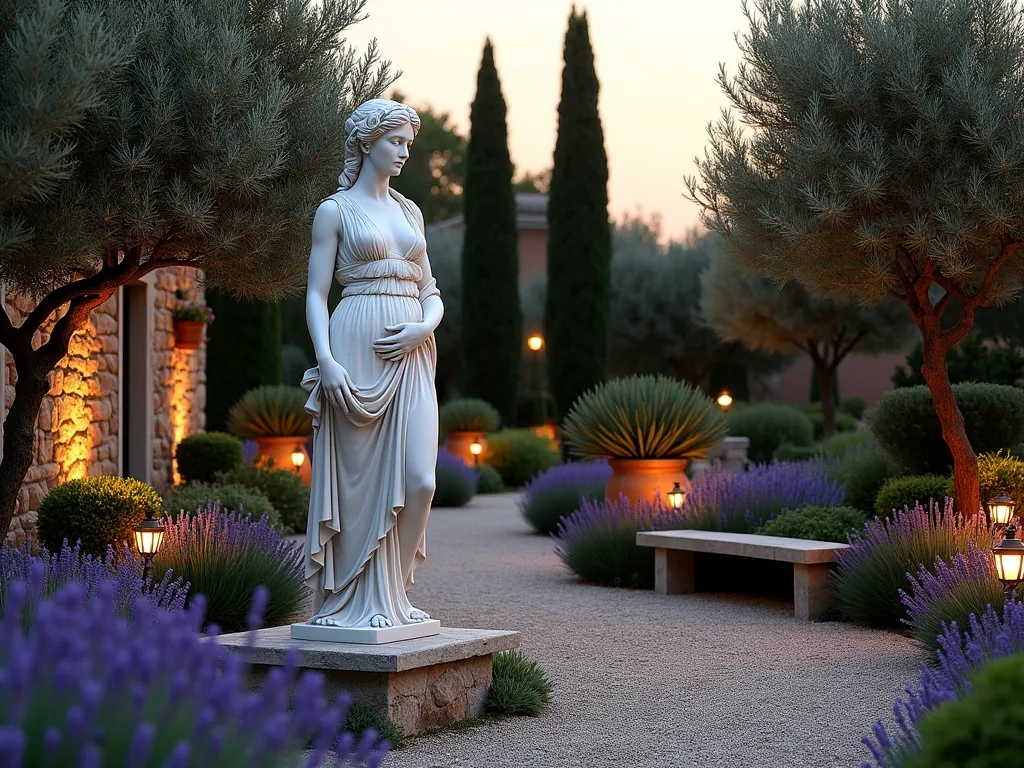 Classical Greek Garden Statue at Twilight - A stunning wide-angle DSLR photograph of an elegant white marble statue of Artemis, standing 6 feet tall, positioned in a Mediterranean garden setting at twilight. The statue is beautifully illuminated by warm garden lights, creating dramatic shadows and depth. It stands as a focal point amidst a curved gravel pathway lined with blooming lavender and rosemary. Behind the statue, mature olive trees and cypress create a layered backdrop, while climbing bougainvillea adorns a nearby stone wall. A rustic stone bench sits nearby, and ornate terracotta pots filled with Mediterranean herbs complete the scene. The golden hour lighting casts a warm glow across the classical scene, shot at f/8 for perfect depth of field, capturing the intricate details of the statue and the surrounding garden elements.