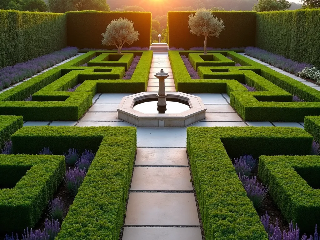 Classical Greek Geometric Box Garden - A sophisticated formal garden at golden hour featuring meticulously trimmed box hedges arranged in an intricate Greek key pattern, photographed from an elevated angle. The geometric boxwood hedges create clean lines and symmetrical borders, standing 2 feet tall with precise 90-degree corners. Within the formal hedge framework, casual Mediterranean plants like lavender and olive trees add softness. Natural stone pathways weave between the geometric patterns, while a classical Greek fountain serves as a central focal point. The warm evening light casts long shadows across the structured garden, highlighting the dimensional quality of the geometric design. Shot with a wide-angle lens to capture the complete pattern layout, with crystal-clear detail of the manicured hedging. 8K resolution, professional photography, architectural garden design.