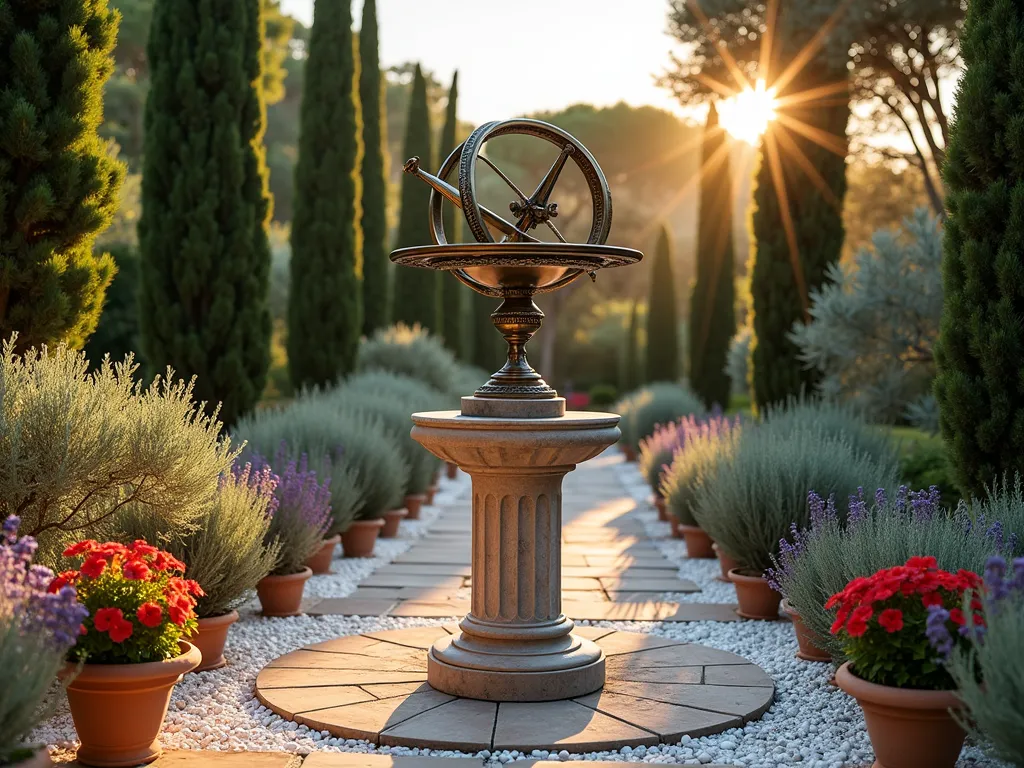 Classical Greek Sundial Garden Feature - A close-up shot of an ornate bronze sundial mounted on a fluted marble pedestal, captured during golden hour. The sundial is surrounded by a circular garden bed filled with blooming lavender, silvery olive trees, and cascading rosemary. Mediterranean cypress trees stand sentinel in the background, creating dramatic vertical lines. The stone-paved pathway leading to the sundial is lined with white pebbles and terracotta pots containing bright red geraniums. Dappled sunlight filters through the foliage, casting intricate shadows across the sundial's face and the surrounding weathered stones. The scene exudes classical Greek elegance with weathered stone elements and the interplay of light and shadow.