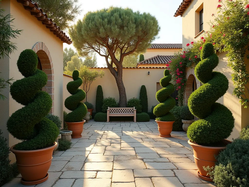 Classical Mediterranean Topiary Garden - A serene Mediterranean garden at golden hour featuring meticulously sculpted bay laurel topiaries in classical Greek forms, including spiral and geometric shapes. The topiaries, standing 6-8 feet tall, cast long shadows across a natural stone patio. An ancient olive tree, artistically pruned into a classical architectural form, serves as a focal point. Terracotta pots with cascading rosemary frame the scene, while a weathered stone bench provides scale. The warm evening light illuminates the sculptural green forms, highlighting their precise edges against a backdrop of ivory stucco walls adorned with climbing bougainvillea. Photorealistic, high detail, architectural composition.