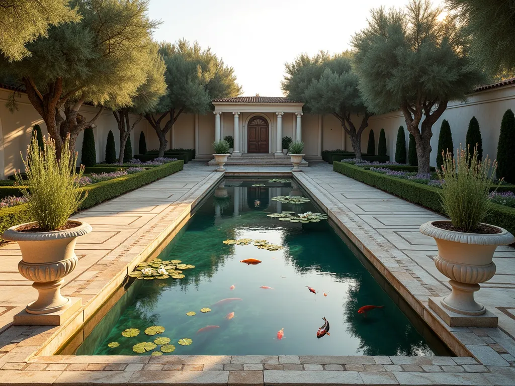 Greek-Inspired Classical Garden Pond - A serene rectangular pond in a Mediterranean garden at golden hour, flanked by pristine white marble columns and classical Greek statuary. The pond features stone coping with traditional Greek key patterns and is surrounded by potted cypress trees. Crystal-clear water contains elegant white water lilies and graceful koi fish. Ornate stone urns overflow with trailing rosemary and lavender. Wide-angle shot capturing the geometric symmetry and warm evening light casting long shadows across the weathered stone features. Natural stone pavers create organized pathways around the water feature, while Mediterranean olive trees provide a classic backdrop. 8K DSLR photography, dramatic natural lighting, architectural precision, f/8, ISO 100