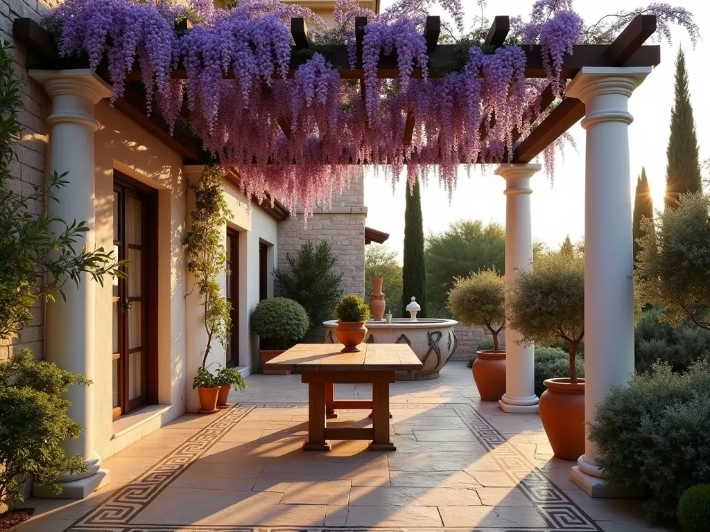 Greek Classical Garden Room at Sunset - A wide-angle shot of an elegant outdoor garden room at sunset, featuring tall white Doric columns supporting a partial pergola draped with cascading purple wisteria. The space is enclosed by classical Greek-style white stucco half-walls adorned with terracotta urns. A rustic wooden dining table sits at the center, surrounded by olive trees in Mediterranean pottery. Climbing jasmine and bougainvillea intertwine with the columns, while cypress trees frame the background. Warm evening light casts long shadows across the natural stone flooring, highlighting the classical Greek key pattern border. Ancient-style statuary and a small wall fountain add authentic Mediterranean charm.