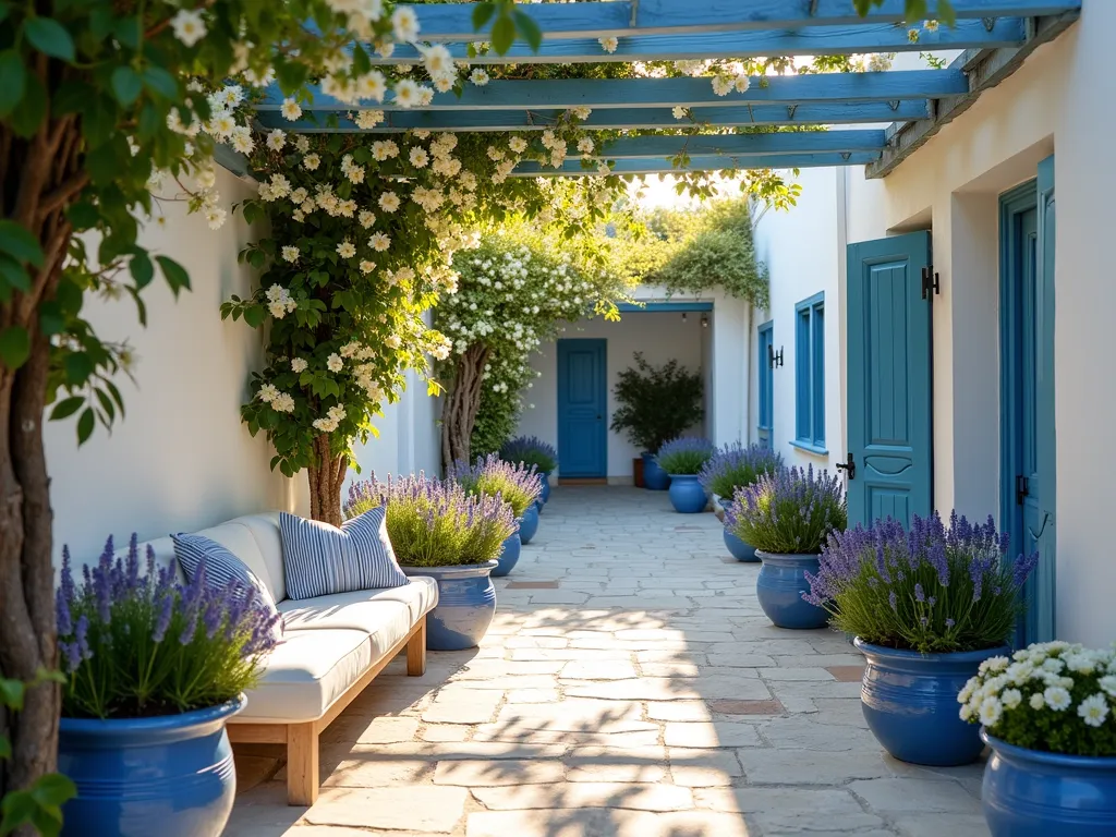 Greek Garden Blue and White Terrace - A sun-drenched Mediterranean garden terrace at golden hour, featuring whitewashed stone walls and blue-painted wooden pergola. Cascading white jasmine vines intertwine with the pergola structure, while clusters of deep blue agapanthus line weathered stone pathways. Classic Greek blue and white ceramic pots of various sizes display blooming white gardenias and silvery-blue lavender. A comfortable white-cushioned seating area is accented with blue and white striped pillows, surrounded by traditional Greek blue-rimmed planters. The wide-angle composition captures the interplay of dappled sunlight through the pergola, creating enchanting shadow patterns on the white stone flooring.