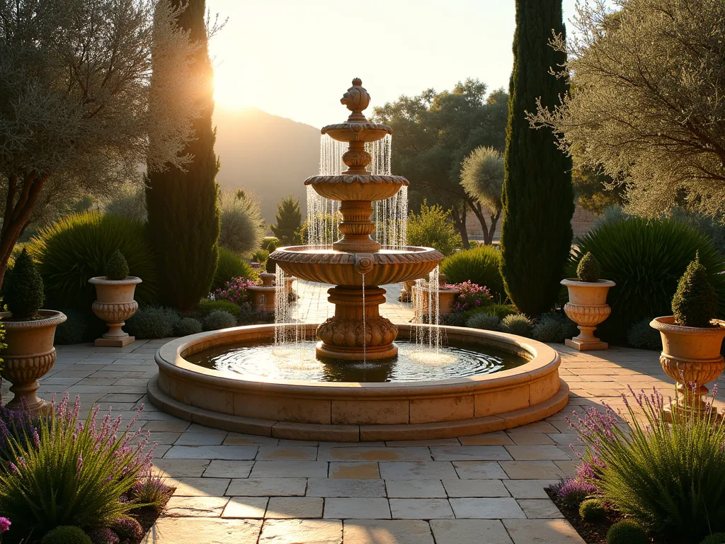 Greek Garden Fountain with Lion Heads - A stunning wide-angle shot at golden hour of a classical three-tiered stone fountain in a Mediterranean garden setting. The fountain features ornate lion head water spouts and mythological figures, with water cascading down multiple levels into a circular pool surrounded by weathered stone. Ancient-style Grecian urns flank the fountain, filled with trailing Mediterranean plants. Mature olive trees frame the scene, while potted cypress trees add vertical interest. The warm evening light casts long shadows across the textured limestone patio, highlighting the dancing water. Various Mediterranean herbs and lavender border the fountain, creating a sensory experience. Shot with a 16-35mm lens at f/2.8, ISO 400, capturing the ethereal quality of water droplets catching the golden light.