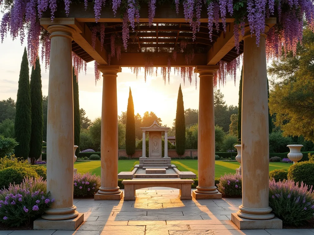 Elegant Greek Garden Columns at Sunset - A stunning Mediterranean garden at golden hour featuring three tall, weathered Corinthian columns supporting an elegant pergola draped with flowering wisteria. The columns frame a natural stone patio with classical Greek urns and cypress trees in the background. Soft evening light casts long shadows across the textured stone flooring, while climbing roses and lavender bushes soften the base of the columns. A carved stone bench sits between two columns, creating an intimate seating area with views of the garden. The scene is captured in a wide-angle perspective, emphasizing the majestic height of the columns against a warm sunset sky.