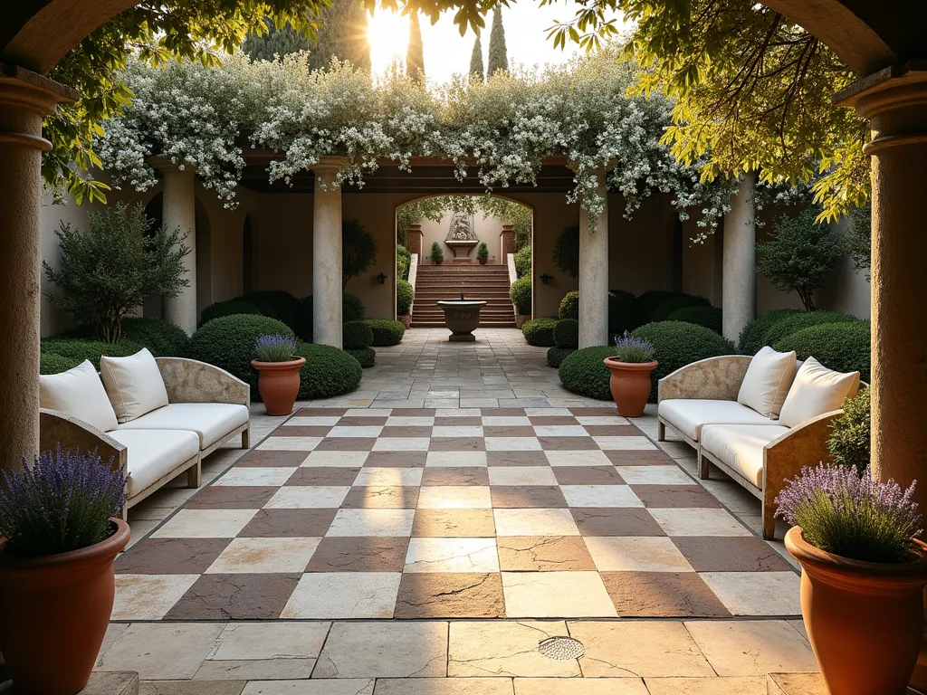 Greek-Style Garden Game Terrace at Sunset - A wide-angle shot of an elegant Mediterranean garden terrace at golden hour, featuring a permanent oversized chess board made of alternating light and dark stone pavers. The game area is partially shaded by a weathered pergola draped with flowering white bougainvillea and grape vines. Classical Greek columns frame the space, while curved stone benches with plush weather-resistant cushions provide comfortable seating. Terracotta pots filled with lavender and rosemary line the perimeter, while ancient olive trees cast dappled shadows across the stone surface. Subtle landscape lighting creates a warm ambiance, highlighting the architectural elements and game board. A small decorative fountain with a classical Greek motif provides peaceful background sounds.