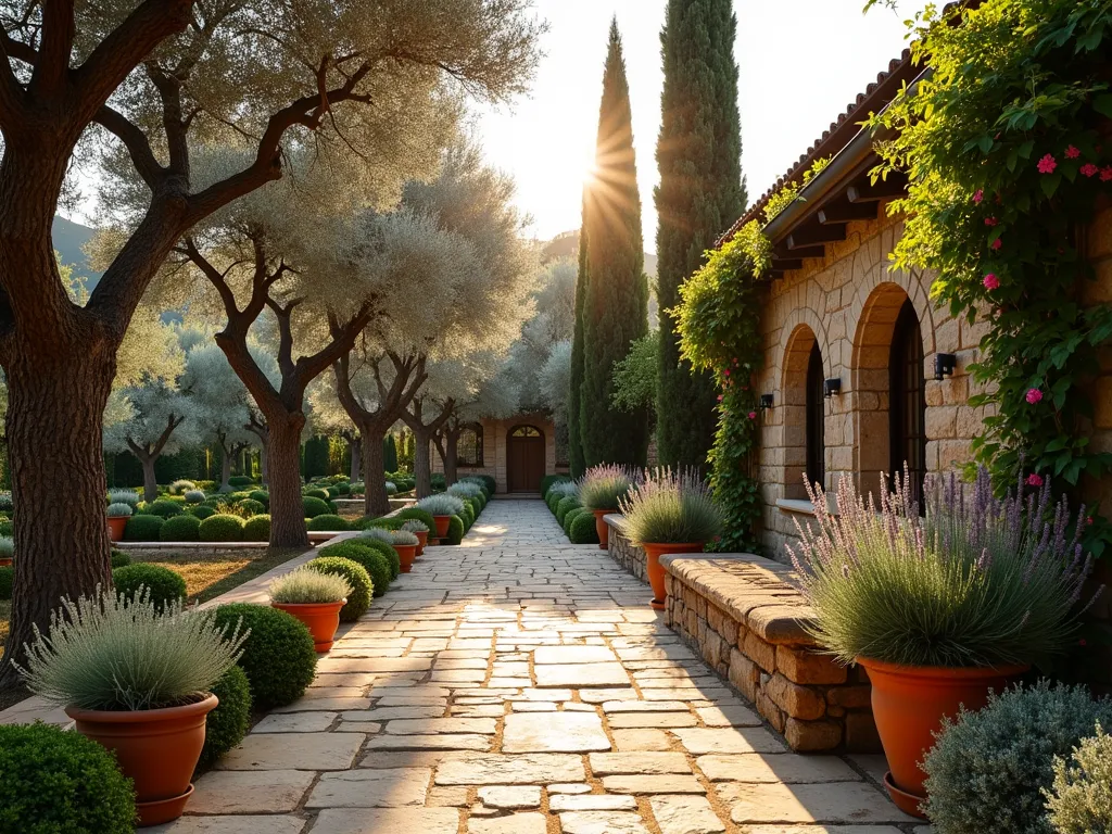 Greek Garden Mediterranean Plant Haven - A sun-drenched Mediterranean garden terrace at golden hour, featuring majestic silver-leaved olive trees casting dappled shadows on a natural stone pathway. Ancient terracotta pots overflow with fragrant lavender and rosemary bushes. Tall, elegant cypress trees line the background, creating vertical drama against a warm evening sky. The garden includes drought-resistant santolina and sage, their silvery foliage catching the late afternoon light. A rustic stone bench nestled among the plants offers a peaceful resting spot, while climbing bougainvillea adds splashes of vibrant color to a weathered stone wall. The scene is captured in a wide-angle perspective, emphasizing the harmonious blend of Mediterranean plants and classical Greek garden elements.