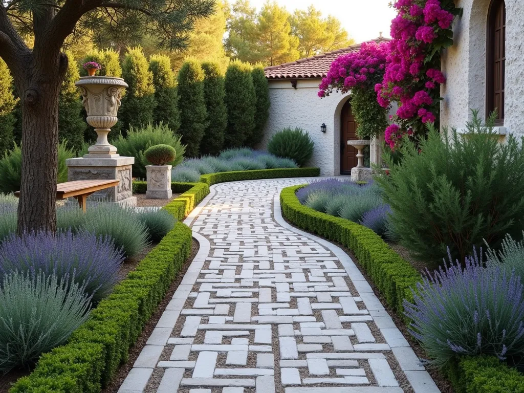 Elegant Greek Key Garden Border - A stunning wide-angle view of a Mediterranean garden pathway at golden hour, featuring an intricate Greek key pattern border design created with alternating white and gray limestone pavers. The meandering path is flanked by neatly trimmed boxwood hedges that echo the geometric pattern. Low-growing silvery Artemisia and deep purple lavender plants soften the edges of the border. Ancient olive trees cast gentle shadows across the path, while classic Greek urns filled with cascading rosemary stand at key intersections. A weathered stone bench in the background provides a focal point, with climbing bougainvillea adding splashes of vibrant pink to the surrounding whitewashed garden wall. The warm evening light enhances the dimensional qualities of the Greek key pattern, creating a harmonious blend of classical design and natural elements.