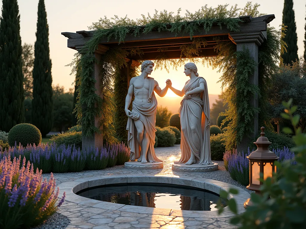 Ancient Greek Mythology Garden Scene - A serene twilight garden scene featuring a dramatic recreation of the myth of Apollo and Daphne. A weathered marble statue of Apollo reaching towards a partially transformed Daphne, whose arms extend into laurel branches, serves as the centerpiece. The statues are set within a curved pergola draped with climbing wisteria and grape vines. Mediterranean cypress trees frame the scene, while beds of lavender, rosemary, and white oleander create layers of texture. A shallow reflecting pool with bronze water features sits at the base, surrounded by crushed marble pathways. Warm lighting from copper lanterns casts ethereal shadows across the weathered stone elements. Shot from a wide angle at golden hour, with the setting sun creating dramatic backlighting through the pergola's vine-covered structure. DSLR, f/8, ISO 100, 1/125