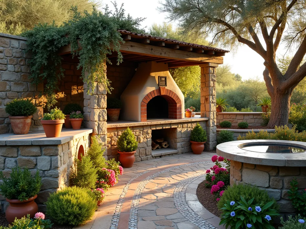 Greek Stone Oven Garden Oasis - A rustic stone pizza oven with weathered limestone blocks and terracotta accents nestled in a Mediterranean garden setting, captured during golden hour. The oven features traditional Greek architectural details and a wood-burning chamber. Surrounding the oven is a thoughtfully designed outdoor kitchen and dining space with natural stone countertops and weathered wooden pergola. Abundant Mediterranean herbs including rosemary, oregano, and thyme grow in terracotta pots and raised stone beds around the oven. Climbing bougainvillea adorns the pergola, while olive trees provide dappled shade. A vintage-style mosaic tile pathway leads to the cooking area, with Santorini-blue accents in the decor. Shot with a wide-angle lens to capture the entire entertaining space, emphasizing the connection between cooking area and garden. DSLR, f/8, ISO 100, 1/125, golden hour lighting casting warm hues on the limestone.