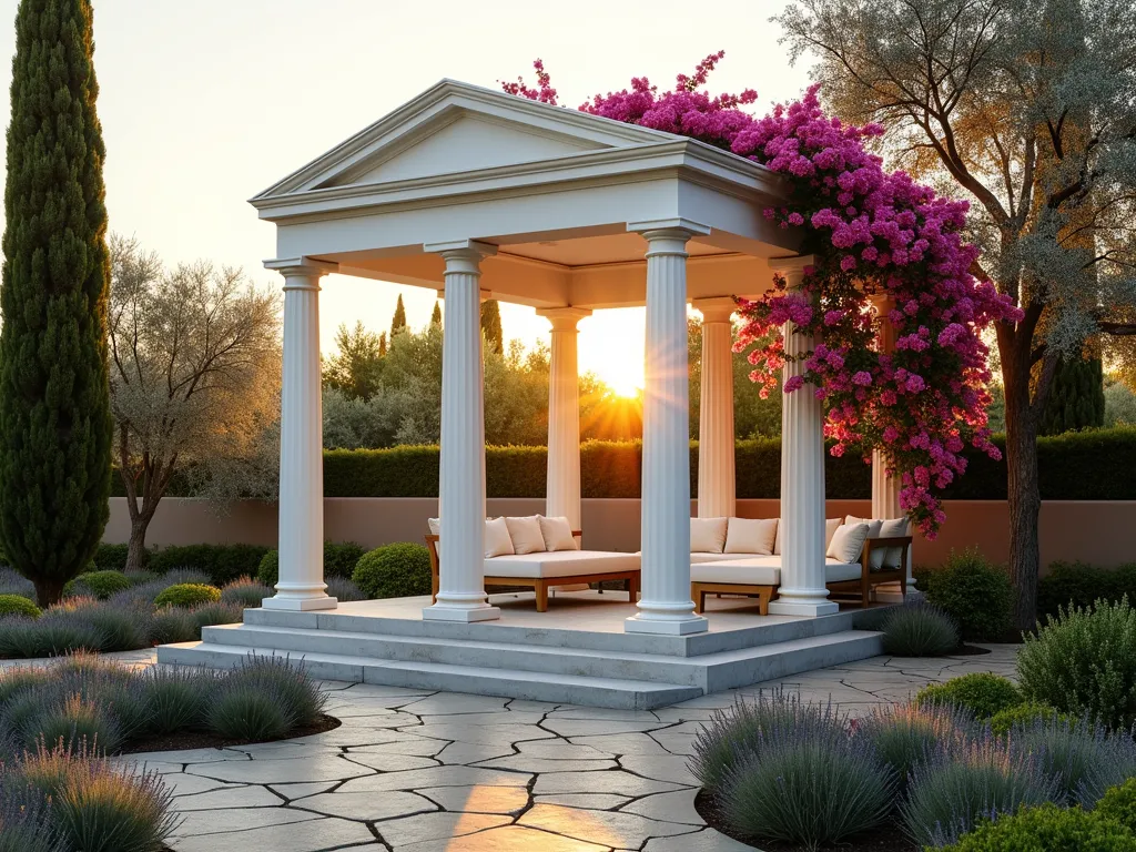 Greek Temple Garden Pavilion at Sunset - A stunning wide-angle DSLR photograph of an elegant white Greek temple-style garden pavilion in a Mediterranean-inspired backyard, captured during golden hour. The structure features classic Doric columns, a triangular pediment, and a pale stone base elevated by three steps. The pavilion houses comfortable outdoor seating with cream-colored cushions. Surrounding the structure are mature olive trees, spreading cypress trees, and blooming lavender beds. Natural stone pathways lead to the pavilion, while climbing bougainvillea with vibrant pink flowers gracefully drapes around the columns. The warm sunset light casts long shadows and bathes the white temple structure in golden hues, creating a magical Mediterranean atmosphere. Shot at f/8, ISO 100, perfectly capturing the depth and architectural details.