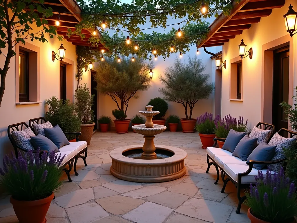 Intimate Greek Courtyard at Dusk - A cozy Mediterranean courtyard at dusk, photographed with a wide-angle lens capturing the intimate atmosphere. Natural stone paving in warm honey tones creates a traditional Greek pattern, leading to a classical stone fountain as the centerpiece. Terracotta pots of various sizes line the whitewashed walls, filled with cascading bougainvillea, fragrant lavender, and olive trees. Wrought iron furniture with plush cushions in deep blues and whites provides comfortable seating. Warm lighting from wall-mounted copper lanterns casts a golden glow across the space, while string lights draped overhead create a magical ambiance. A wooden pergola partially covers the space, with grape vines intertwining above. Shot at f/2.8 with soft depth of field, emphasizing the romantic Mediterranean atmosphere