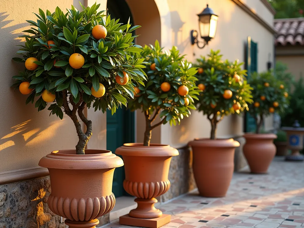 Mediterranean Citrus Container Garden at Sunset - A stunning terrace arrangement of Mediterranean citrus trees in classic terracotta urns and ornate Greek-style containers, photographed during golden hour. Three elegant containers of varying heights showcase flourishing lemon, orange, and kumquat trees against a weathered stone wall. Soft evening light filters through the glossy leaves, casting gentle shadows on the textured terracotta. Decorative Mediterranean tiles and a small mosaic fountain in the background complete the scene. Shot with a wide-angle lens at f/2.8, creating a dreamy bokeh effect while maintaining sharp detail on the citrus trees. The warm sunset light emphasizes the rich oranges and yellows of the ripening fruit.