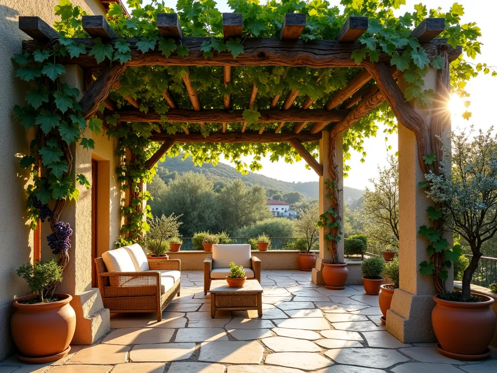 Mediterranean Grape Pergola Haven - A sun-drenched Mediterranean backyard featuring a weathered stone pergola draped with mature grapevines, shot during golden hour. The twisted wooden vines cascade down rustic wooden beams, creating dappled shadows on the natural stone patio below. Clusters of ripening purple grapes hang elegantly between lush green foliage, while delicate white jasmine flowers intertwine with the grape leaves, their blooms catching the warm evening light. Traditional Greek terracotta pots with olive trees frame the scene, while comfortable wicker seating beneath invites peaceful relaxation. Wide-angle perspective captures the entire pergola structure within its garden setting, with the late afternoon sun filtering through the natural canopy.