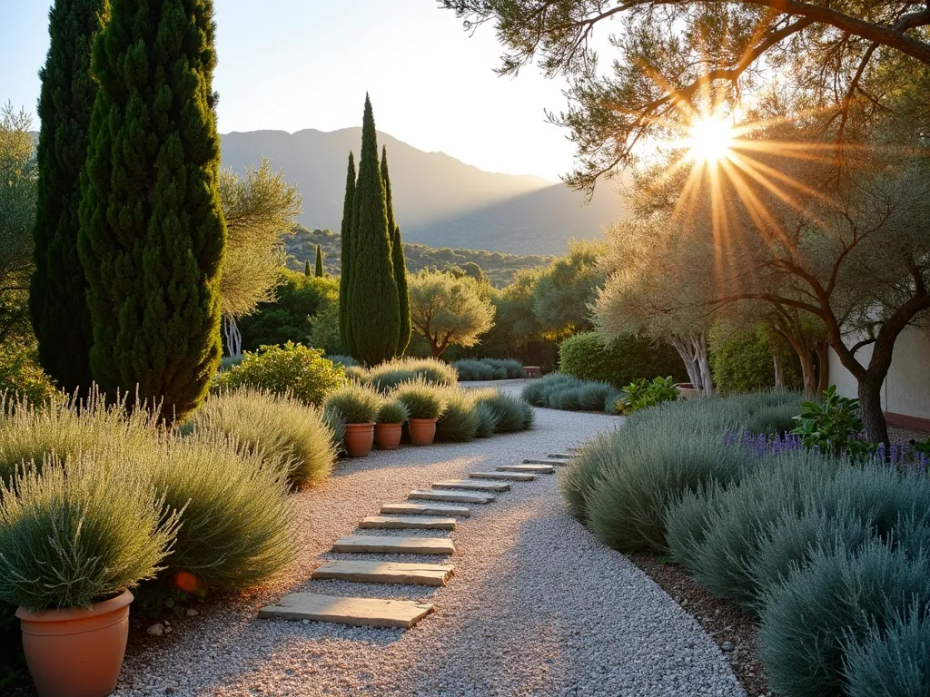 Mediterranean Gravel Garden at Sunset - A serene Mediterranean-style gravel garden captured during golden hour, featuring a winding gravel pathway lined with drought-resistant plants. Silvery-blue lavender bushes, tall cypress trees, and rosemary shrubs create texture and movement. Terracotta pots filled with flowering thyme dot the landscape. Natural stone steps lead through the garden, while olive trees cast long shadows across the crushed limestone gravel. The warm evening light highlights the architectural forms of ornamental grasses and Mediterranean herbs. Shot with a wide-angle lens capturing the garden's natural flow and peaceful atmosphere, with mountains silhouetted in the distance.