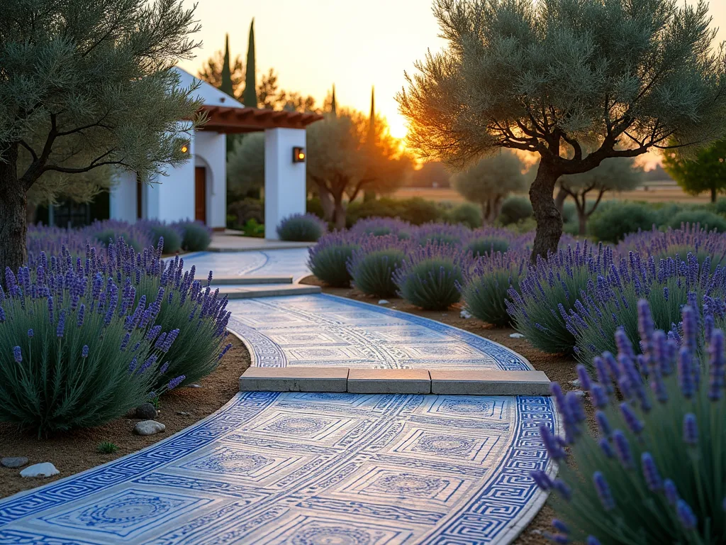 Mediterranean Mosaic Garden Path - A winding garden pathway photographed during golden hour, featuring an intricate Greek key mosaic pattern in cobalt blue and white tiles, bordered by blooming lavender and olive trees. The path curves gracefully through a Mediterranean-style garden, leading to a whitewashed pergola in the background. Natural stone steps occasionally break up the mosaic pattern, while Cyprus trees cast gentle shadows across the detailed tilework. The wide-angle composition captures the pathway's meandering journey, with soft evening light highlighting the intricate details of the mosaic work. Captured with a DSLR camera, f/8, ISO 100, 1/125s, showcasing professional architectural garden photography with cinematic lighting.