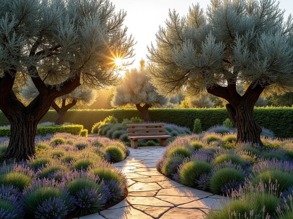 Mediterranean Olive Grove at Sunset - A serene backyard Mediterranean garden at golden hour, featuring a small grove of olive trees with silvery-green foliage casting dappled shadows. Wide-angle shot showing three mature olive trees arranged in a triangle, with dwarf varieties interspersed between them. The ground is covered in a carpet of blooming lavender and creeping thyme, creating waves of purple and green. Stone pathways wind between the trees, and a rustic wooden bench sits beneath one olive tree. The warm evening sun filters through the olive branches, creating a magical play of light and shadow. Shot with a digital camera, 16-35mm lens at f/2.8, ISO 400, capturing the golden Mediterranean light and the textural details of the grove. Photorealistic, high-detail garden photography.