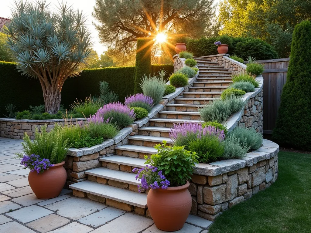 Mediterranean Spiral Herb Garden at Sunset - A stunning wide-angle DSLR photograph of an elegant stone spiral herb garden in a Mediterranean-style backyard, captured during golden hour. The spiral rises 4 feet high with weathered limestone blocks creating concentric terraces. Cascading levels feature vibrant herbs including silver-leafed sage, purple flowering thyme, and towering rosemary. Soft sunset light casts long shadows across the spiral's curves, highlighting the textural contrast between rough stone and delicate herbs. Terra cotta pots with lavender accent the base, while a classic Greek olive tree provides backdrop. The composition follows the golden ratio, with the spiral drawing the eye inward. Depth of field at f/8 keeps both foreground herbs and background crisp. ISO 100, 1/125 sec, natural lighting enhances the Mediterranean atmosphere.