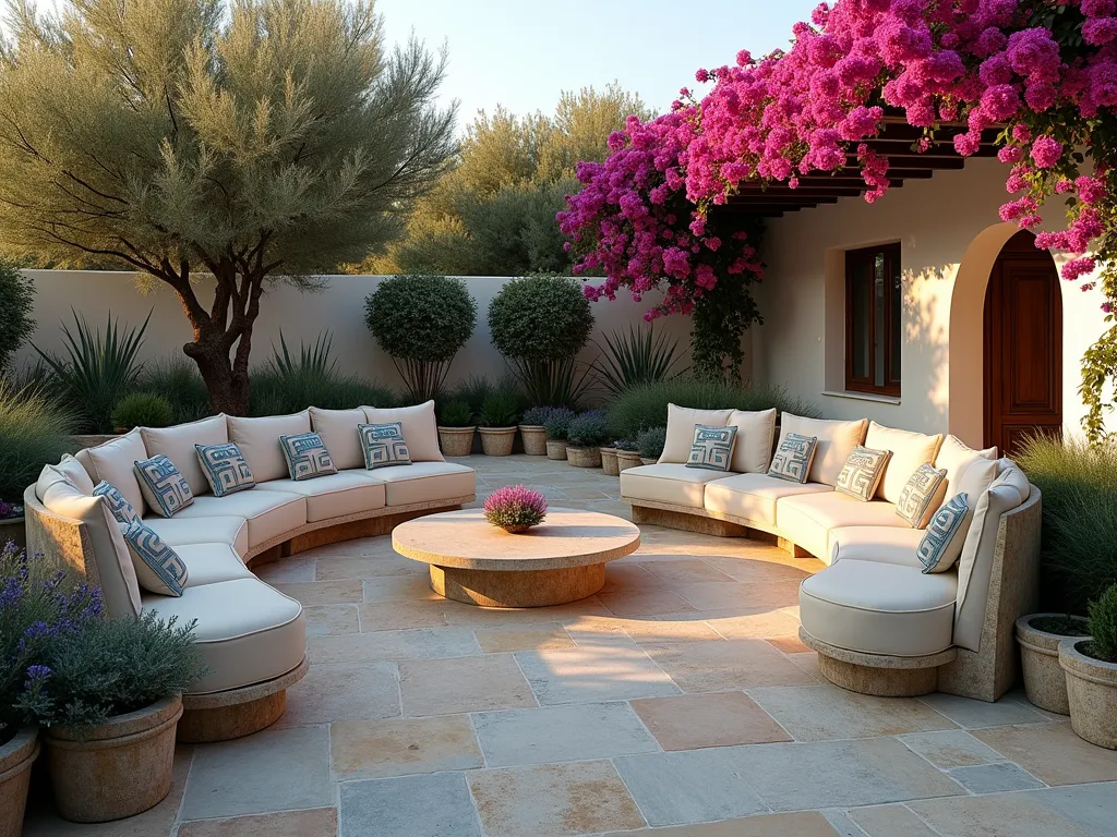 Mediterranean Stone Garden Seating - A serene Mediterranean garden seating area at golden hour, featuring curved natural stone benches arranged in a semicircle around a small olive tree. The weathered limestone seating includes plush cream-colored cushions adorned with classic Greek key patterns in soft blue. Climbing bougainvillea with vibrant magenta blooms drapes over a nearby whitewashed pergola, while potted lavender and rosemary line the edges of the stone patio. Soft evening light casts long shadows across the textured stone pavers, with the Aegean-blue sky visible through the pergola slats. Shot from a wide angle at f/8, capturing the entire seating arrangement while maintaining sharp detail in the Mediterranean plantings and architectural elements. DSLR photography, natural lighting, 35mm lens.