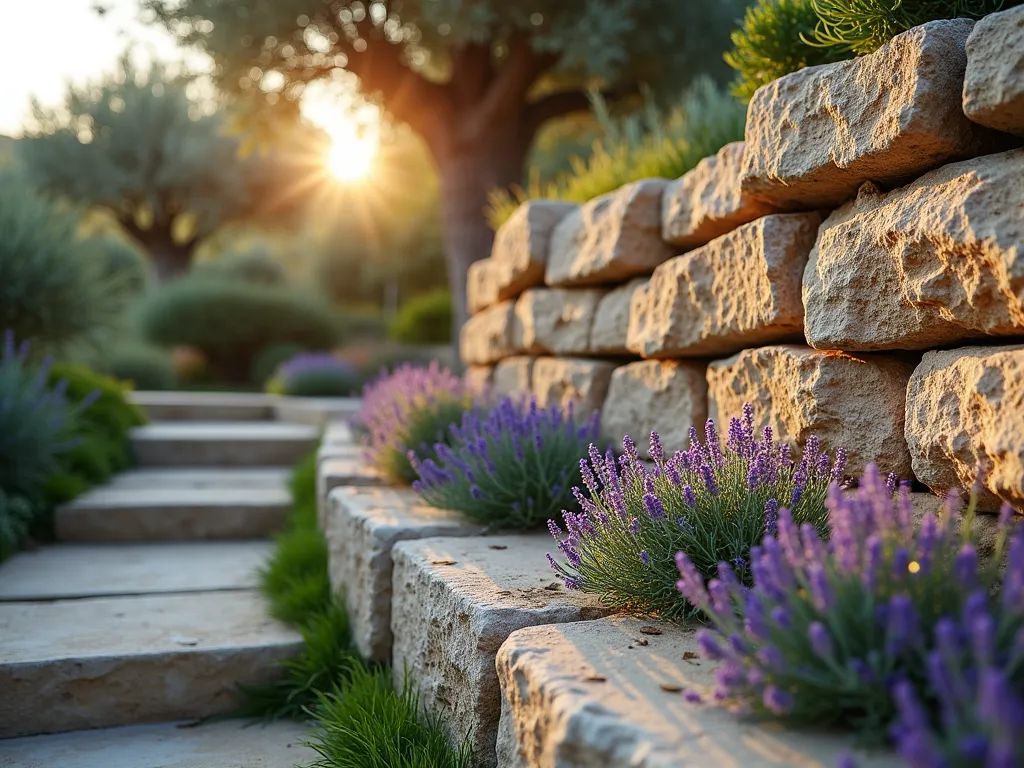 Mediterranean Stone Wall Garden at Sunset - A close-up perspective of a rustic dry-stack stone wall in a Mediterranean garden at golden hour. The wall features weathered limestone blocks carefully arranged in a traditional Greek style, with wild thyme, purple echeveria succulents, and cascading rosemary growing naturally from the crevices. Soft evening sunlight casts warm shadows across the textured stone surface, highlighting the organic patterns in the rock. The wall creates a natural terrace effect, with drought-resistant Mediterranean herbs spilling over the edges. A mature olive tree stands in the background, its silvery leaves catching the last rays of sunset, creating a romantic Greek garden atmosphere.