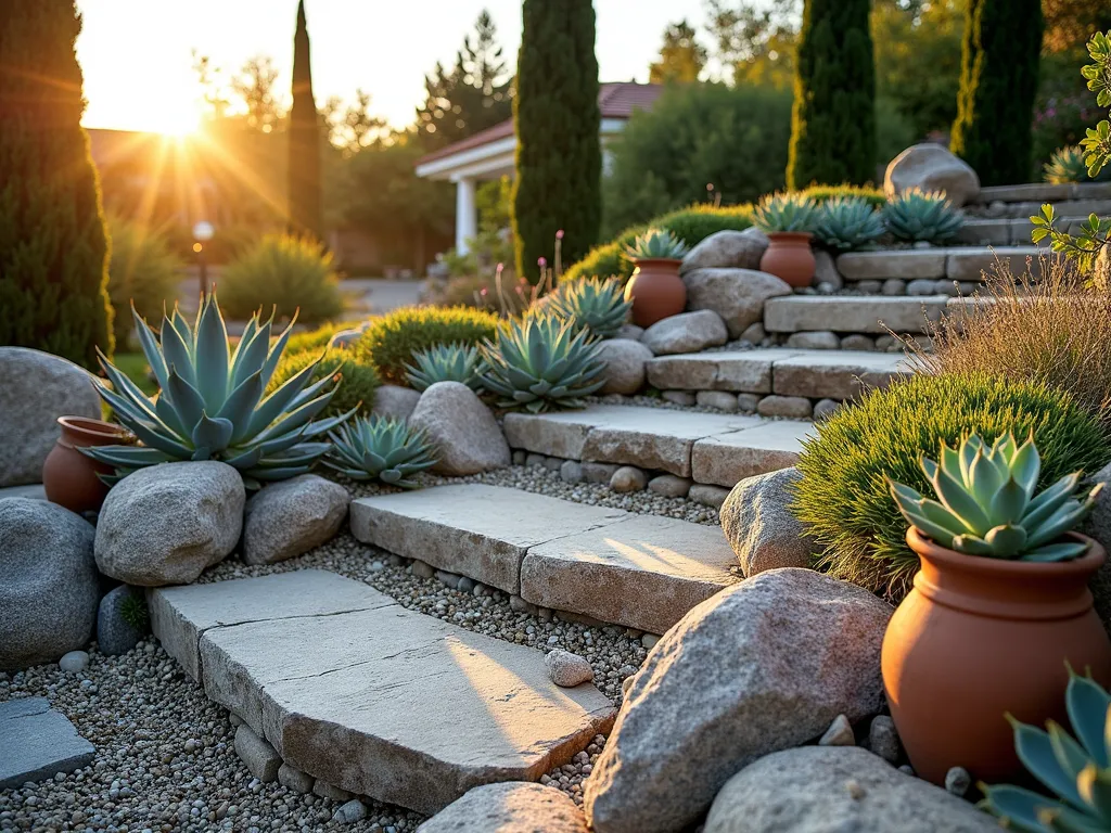 Mediterranean Succulent Rock Garden at Sunset - A beautifully arranged Mediterranean rock garden photographed at golden hour, featuring layers of natural limestone and weathered granite stones creating multiple levels. Drought-resistant succulents including blue-green Echeveria, spiky Agave americana, and cascading Sedum morganianum spill over the rocks. Terra cotta pots nestled among the stones add authentic Greek character. The garden is accented with Mediterranean cypress trees in the background, while crushed gravel pathways wind through the rockery. Shot with a wide-angle lens capturing the warm sunset light casting long shadows across the textured stones and highlighting the fleshy leaves of the succulents. Professional DSLR photo with perfect depth of field showing intricate plant details while maintaining overall garden composition.