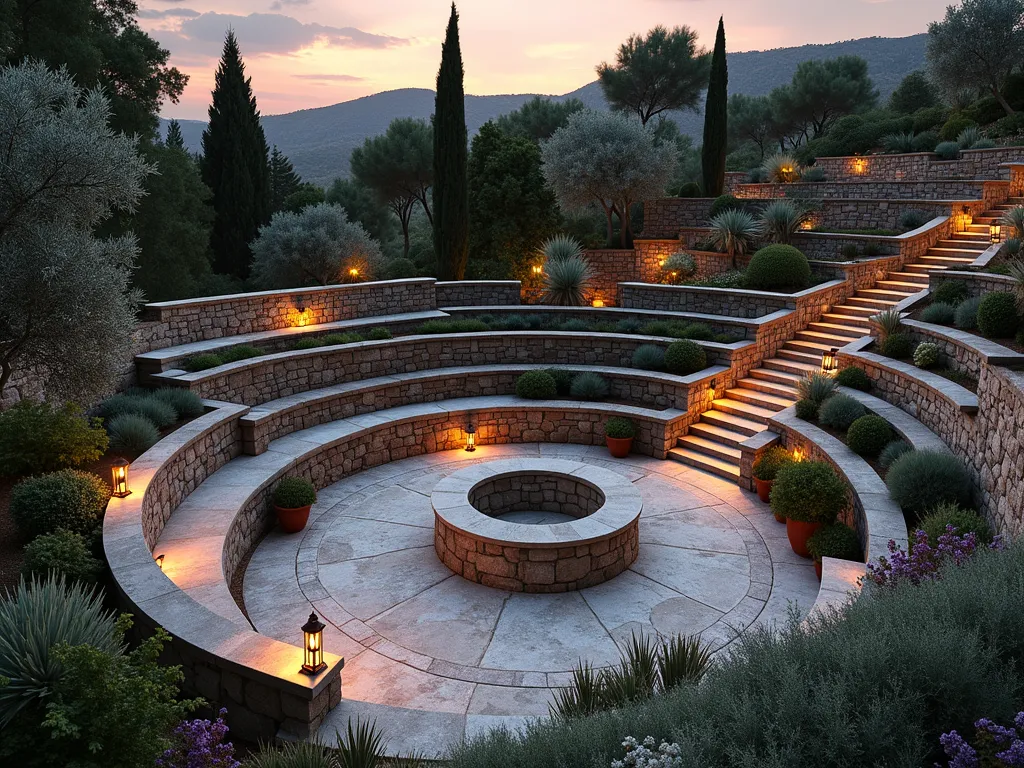 Mediterranean Terraced Garden Amphitheater - A dramatic twilight view of a terraced garden designed in amphitheater style, featuring three curved limestone retaining walls creating sweeping semicircular levels. Natural stone steps wind through the terraces, illuminated by warm Mediterranean-style copper lanterns. Each level showcases a mix of Mediterranean plants, with silvery olive trees, towering cypress, and cascading rosemary. The lowest terrace features a circular stone patio with classic Greek-inspired stone benches. Terracotta pots filled with lavender and santolina line the edges, while climbing bougainvillea adorns the weathered stone walls. The scene is captured in golden hour light, casting long shadows and highlighting the architectural elements with a warm glow, photographed from a high angle to showcase the amphitheater-like symmetry.