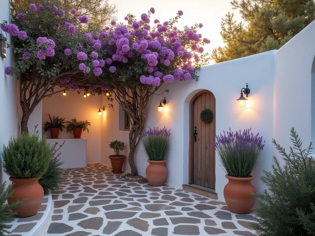 Whitewashed Mediterranean Garden Wall at Sunset - A serene Mediterranean garden setting at golden hour, featuring a pristine whitewashed stone wall with gentle texture, photographed with a wide-angle lens at f/2.8. The wall curves gracefully, creating an intimate courtyard atmosphere. Cascading purple bougainvillea and climbing jasmine adorn the wall, their vibrant colors contrasting beautifully against the crisp white surface. Terracotta pots filled with lavender and olive trees line the base of the wall. Dappled evening sunlight creates dramatic shadows across the white surface, while string lights peek through the foliage. Shot from a slightly low angle to emphasize the wall's height and grandeur, with the warm sunset sky visible above. The composition includes a rustic stone pathway and a small water fountain in the foreground, completing the authentic Greek garden atmosphere.