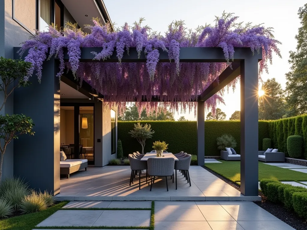 Contemporary Grey Pergola with Wisteria - A stunning modern grey pergola in a luxurious backyard setting at golden hour, shot at f/2.8 with a 16-35mm lens. The architectural structure features clean lines and a sophisticated matte grey finish, creating elegant shadows on the stone patio below. Mature wisteria vines gracefully drape over the pergola's beams, their purple blooms cascading down. Contemporary grey outdoor furniture including a sleek dining set and modern lounge chairs rest beneath. Soft evening light filters through the pergola slats and wisteria canopy, creating a magical ambiance. The composition is captured from a wide angle perspective, showing the pergola as a focal point within a well-manicured garden featuring modern landscaping with structured boxwood and ornamental grasses.