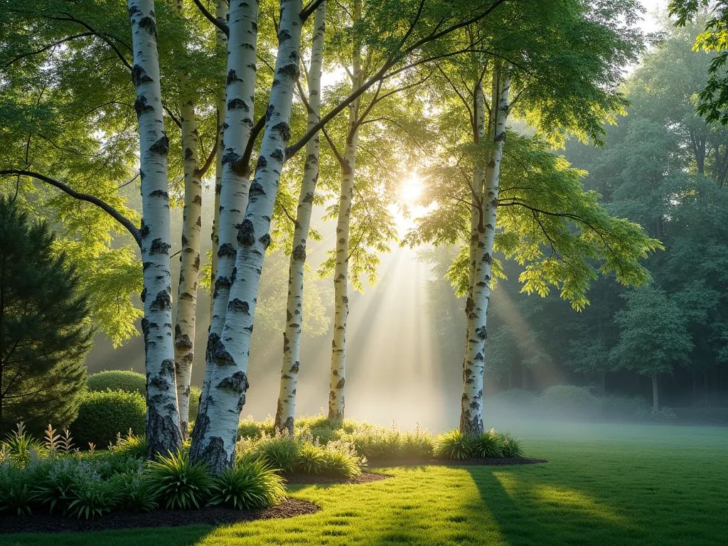 Ethereal Silver Birch Sanctuary - A serene backyard garden scene at dawn featuring a naturally clustered grove of 5-7 majestic silver birch trees with peeling white-grey bark, their slender trunks catching the first light of day. Dappled morning sunlight filters through the delicate canopy, creating intricate shadow patterns on the ground below. The understory is planted with a lush carpet of shade-loving hostas, Japanese forest grass, and silvery-leaved ferns. A gentle morning mist hovers near the ground, adding to the ethereal atmosphere. Wide-angle perspective captures the full height of the trees and their relationship to the surrounding garden space, while emphasizing the architectural quality of the pale trunks against a soft, blurred background. Photorealistic, high-end landscape photography style.