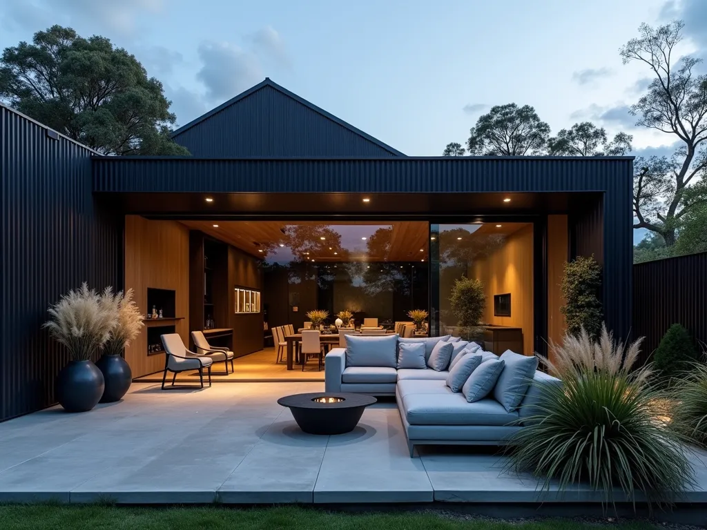 Modern Industrial Garden Room at Dusk - A sophisticated outdoor living space at dusk, photographed with a wide-angle lens, showcasing a sleek industrial-style garden room with corrugated metal walls painted in deep charcoal grey. The space features polished concrete flooring that extends from an elevated deck into a garden area. Modern lounge furniture in light grey upholstery contrasts against the dark walls. Minimalist steel-framed windows and sliding doors create a seamless indoor-outdoor transition. Architectural LED lighting casts a warm glow on the textural metal surfaces, while potted ornamental grasses add organic movement. Shot at f/8 with natural twilight illumination complemented by ambient garden lighting, capturing the moody industrial atmosphere with pristine clarity.