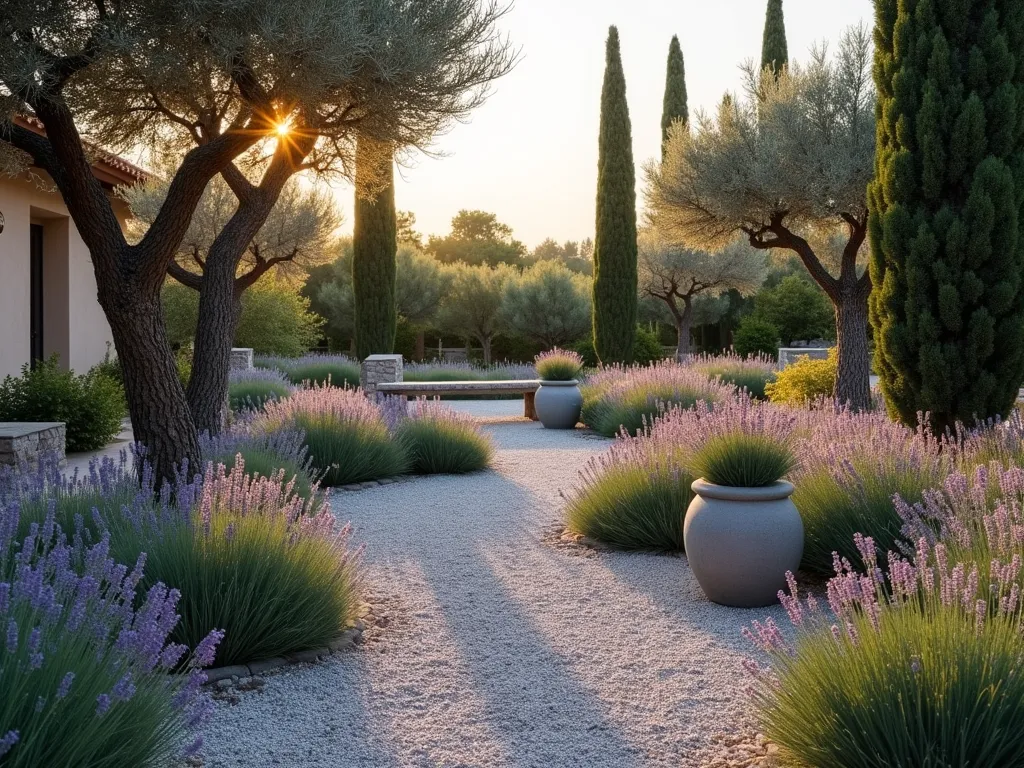 Elegant Grey Mediterranean Gravel Garden - A serene Mediterranean garden at golden hour, captured with a wide-angle lens showing a thoughtfully designed space with winding grey gravel pathways. Mature olive trees cast gentle shadows across the ground, while clusters of blooming lavender create purple waves against the stone. Silvery artemisia catches the warm light, creating a ethereal glow. Modern grey concrete planters of varying heights add architectural interest, while a rustic stone bench provides a focal point. The garden is beautifully framed by Mediterranean cypress trees in the background, with the low evening sun creating a magical interplay of light and shadow across the textured gravel surface. Shot at f/2.8 with shallow depth of field, emphasizing the rich textures and peaceful atmosphere.