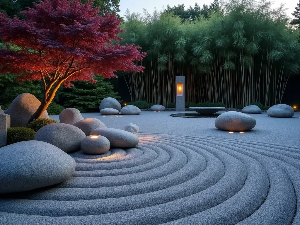 Minimalist Zen Garden with Grey Stone Elements - A serene Japanese-inspired Zen garden at dusk, photographed with a wide-angle 16-35mm lens, f/2.8, ISO 400. Smooth grey granite boulders of varying sizes emerge from a meticulously raked sea of fine silver-grey gravel, creating concentric circles and flowing patterns. A single elegant Japanese maple with deep burgundy leaves provides a striking color contrast against the monochromatic stones. Slender bamboo stalks sway gently in the background, casting long shadows across the peaceful space. Modern grey stone lanterns illuminate the scene with a soft, ambient glow. Crystal-clear reflections in a small stone water basin complete the meditative atmosphere.