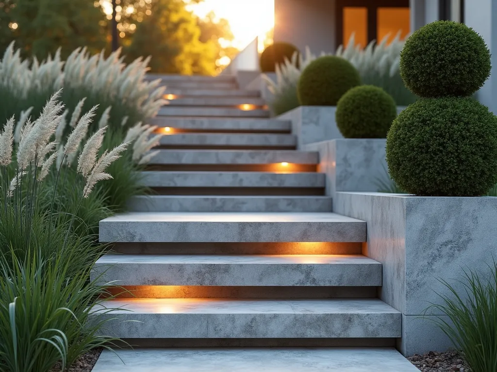 Modern Floating Grey Stone Steps - Wide-angle architectural photograph of elegant floating grey stone steps ascending through a modern garden at golden hour. The minimalist steps appear to hover, crafted from smooth grey granite with subtle veining. Staggered lighting underneath creates a soft glow on each step. Flanked by ornamental grasses and Japanese forest grass, with strategic uplighting on architectural boxwood spheres. Shot with shallow depth of field highlighting the steps' clean lines against a backdrop of silver-leafed plants and modern grey architectural walls. Natural shadows create depth while golden sunlight adds warmth to the grey tones.