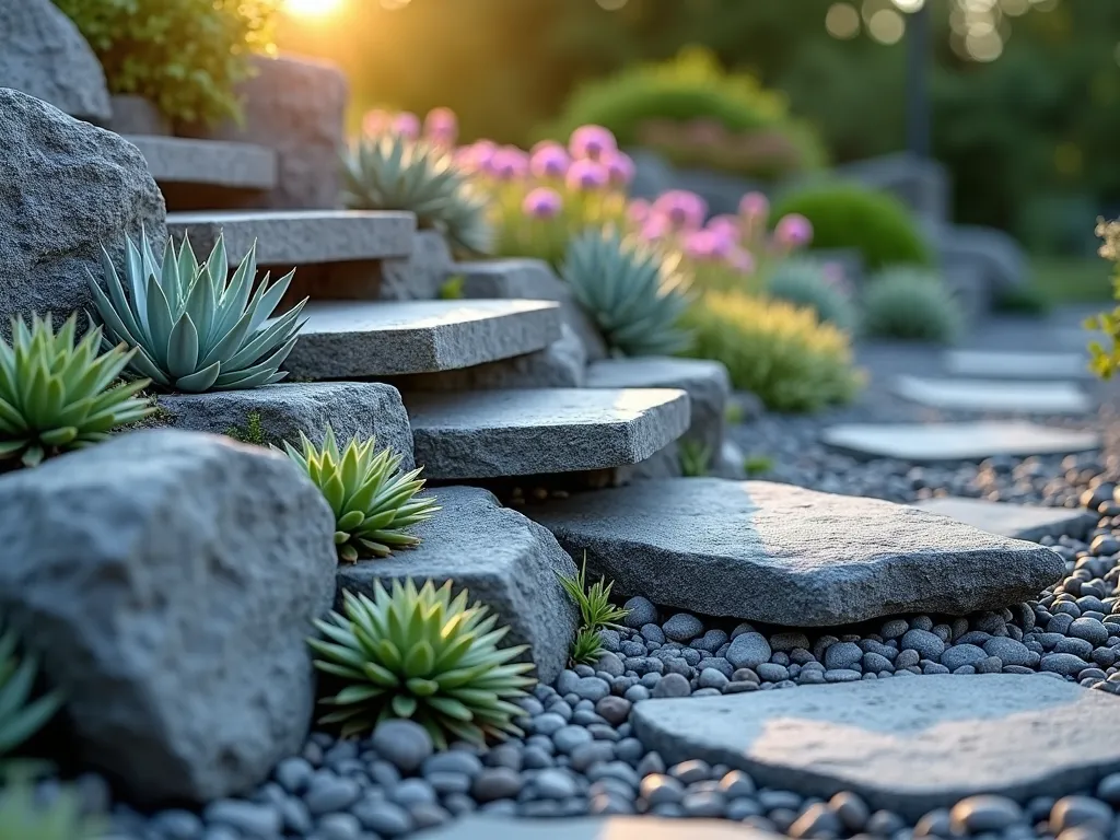 Modern Grey Rock Alpine Garden - A tranquil close-up shot of a modern alpine rock garden at golden hour, featuring layered slate-grey stones and boulders of varying sizes creating natural terraces. Small clusters of silvery-blue Sempervivum succulents and purple-flowering Aubrieta cascade over smooth grey rocks. Miniature drought-resistant Sedum plants with pale green and silvery foliage nestle between carefully placed angular limestone pieces. Low-growing Saxifraga with delicate white blooms adds contrast against the dark grey stone backdrop. Soft evening sunlight casts gentle shadows, highlighting the textural interplay between smooth stones and architectural plant forms. The composition follows a natural flowing pattern, with smaller grey pebbles creating pathways between planted areas.