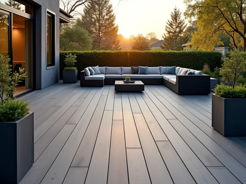 Modern Grey Composite Deck with Minimalist Seating - A stunning modern backyard deck featuring sleek grey composite decking, photographed during golden hour. The expansive deck showcases clean lines and a minimalist design, with contemporary charcoal outdoor furniture including a sectional sofa and low coffee table. Large geometric planters in varying heights contain sculptural ornamental grasses and Japanese maples, creating architectural interest. The deck's grey tones are beautifully illuminated by warm sunset light, casting subtle shadows across the textured surface. Shot from a three-quarter elevated angle to capture the deck's full layout and its seamless integration with the surrounding landscape. Professional DSLR photograph with perfect exposure, showcasing the sophisticated materiality and weather-resistant qualities of the composite decking. 8K resolution, architectural photography, cinematic lighting.