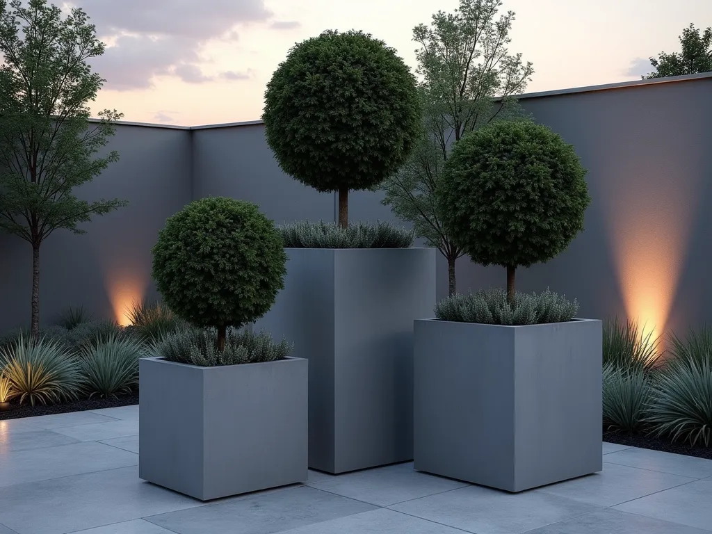 Modern Grey Concrete Planter Arrangement - A twilight garden scene featuring a minimalist arrangement of three large-scale geometric concrete planters in varying heights and tones of grey, photographed at f/2.8 with soft evening lighting. The planters, positioned on a sleek grey stone patio, contain sculptural boxwood spheres and cascading waves of silver dichondra. The tallest planter stands at 4 feet, creating a dramatic focal point, while two shorter planters create visual balance. The background shows a modern grey rendered wall with subtle uplighting, creating dramatic shadows. The composition is captured from a low angle with a 16-35mm wide lens, emphasizing the architectural nature of the planters against the dusky sky.