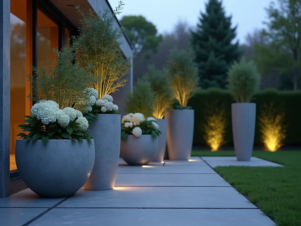 Modern Grey Container Garden at Dusk - A twilight garden scene featuring an elegant arrangement of varying-sized concrete and zinc planters in shades of grey, artfully positioned on a modern grey slate patio. The containers, ranging from tall cylindrical to wide bowl shapes, are filled with cascading white hydrangeas, silver-foliaged Artemisia, and structural green bamboo. Soft ambient lighting illuminates the containers from below, creating dramatic shadows. Shot from a low angle with shallow depth of field, capturing the containers' textural details against a blurred background of modernist garden architecture. The scene is photographed during blue hour, with subtle landscape lighting adding warmth to the grey tones.