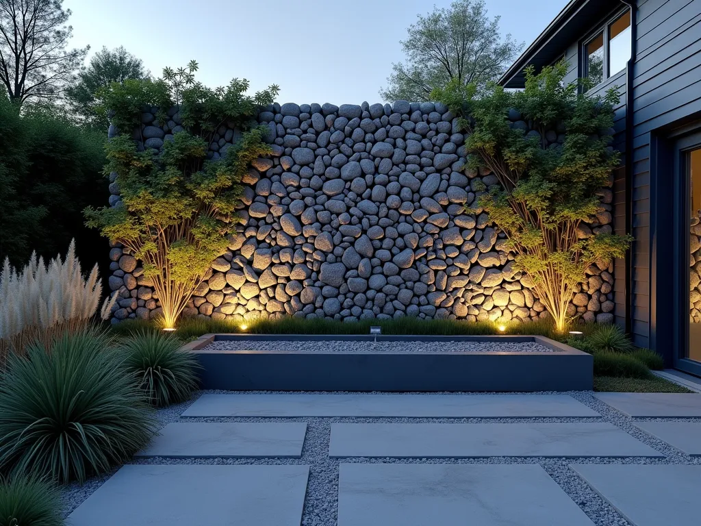 Modern Grey Gabion Wall with Climbing Plants - A sophisticated modern garden featuring a stunning grey stone gabion wall at dusk. The wall, photographed at f/2.8 with a 16-35mm lens, stretches diagonally across the frame, creating dramatic perspective. Industrial-style steel mesh containers filled with various sized grey stones create a textural masterpiece. Delicate climbing jasmine and silver-leaved clematis weave through the structure, softening its industrial appearance. Warm LED uplighting casts intricate shadows through the gaps between stones, while a modern water feature trickles alongside. The foreground showcases contemporary grey concrete pavers, while architectural grasses sway gently in the background. Captured during blue hour for maximum atmosphere, with the wall serving as both a retaining feature and artistic focal point in this minimalist garden design.