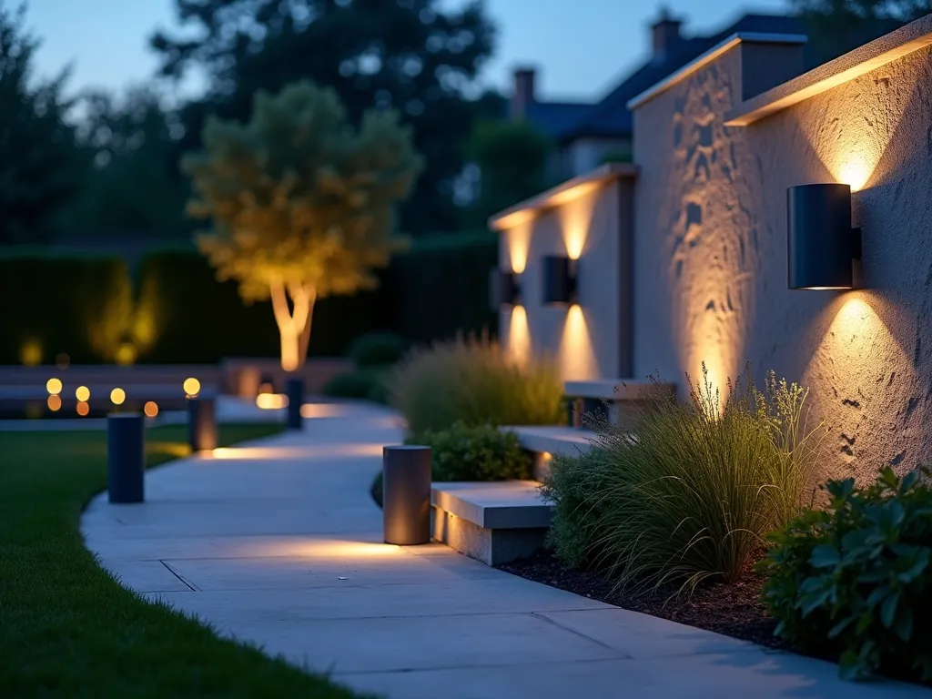 Modern Grey Garden Lighting at Dusk - A sophisticated twilight garden scene captured with a wide-angle lens showing multiple grey modern lighting elements. Sleek cylindrical steel-grey path lights line a curved garden walkway, while contemporary geometric wall sconces in matte grey illuminate a textured garden wall. Subtle uplighters highlight architectural plants and a modern water feature. The scene is photographed during blue hour, creating a dramatic interplay between the artificial lighting and the natural evening sky. Professional photo with shallow depth of field, showcasing the warm LED lighting against cool grey fixtures, creating an atmosphere of modern elegance and sophisticated outdoor living. Shot with a 16-35mm lens at f/2.8, ISO 400.