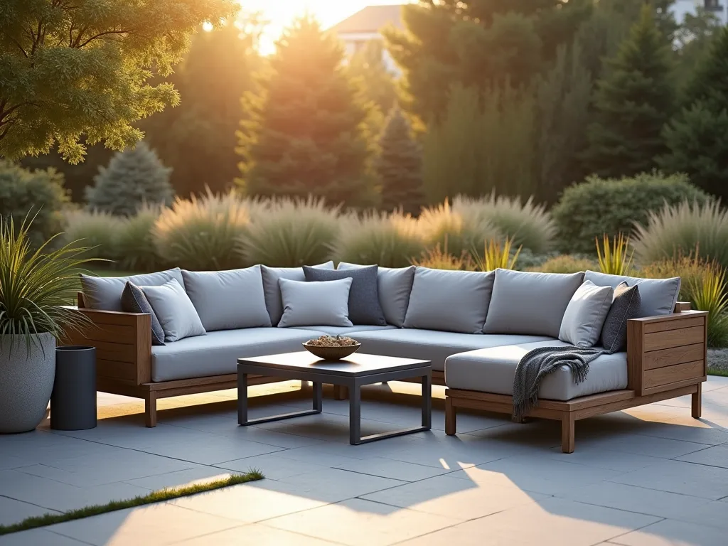 Modern Grey Garden Lounge Setting - A sophisticated outdoor lounge area captured during golden hour, featuring a contemporary grey modular sofa set with weathered teak accents. The furniture arrangement includes a sleek powder-coated aluminum coffee table and coordinating side tables in varying shades of grey. Plush weather-resistant cushions in light and charcoal grey tones create an inviting seating area on a modern grey stone patio. Natural light casts long shadows across the space, while potted ornamental grasses provide subtle movement and texture. Shot with a wide-angle perspective to showcase the entire seating arrangement, with soft bokeh effect in the background garden. Professional photo captured with a digital camera, 16-35mm lens, f/2.8, ISO 400.