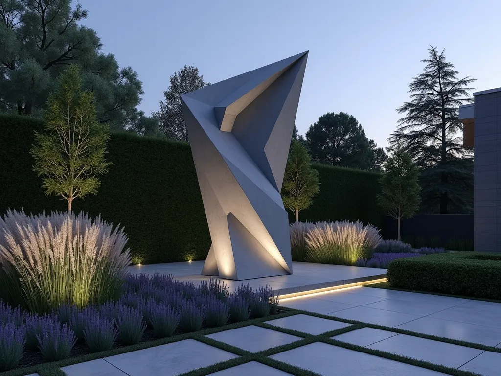 Modern Grey Garden Sculpture - A striking modern garden scene at dusk featuring a 7-foot tall abstract geometric sculpture in matte grey concrete, its angular forms casting dramatic shadows across a minimalist garden space. The sculpture is surrounded by flowing ornamental grasses in silver-grey tones and linear beds of lavender. Clean-lined grey stone pavers create a geometric pathway leading to the piece, while architectural boxwoods provide structured green accents. Soft landscape lighting illuminates the sculpture from below, creating an ethereal atmosphere. Shot from a low angle with a wide-angle lens to emphasize the sculpture's commanding presence against a deepening twilight sky, with the garden's modern grey elements creating a sophisticated composition.