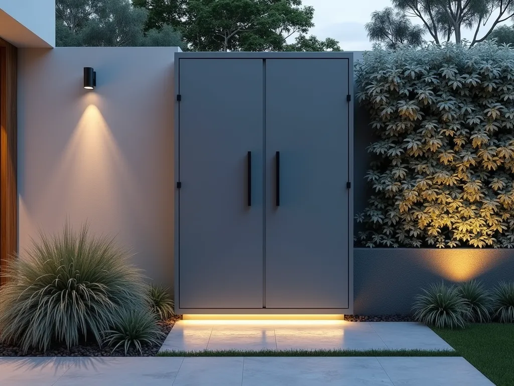 Modern Grey Garden Storage Cabinet with Vertical Garden - A sleek, contemporary grey metal storage cabinet unit seamlessly integrated into a modern garden wall, illuminated by soft dusk lighting. The cabinet features clean lines and minimalist handles, positioned against a light grey rendered wall. Adjacent to the cabinet, a vertical garden showcases cascading silver-grey foliage plants. The storage unit is complemented by grey stone pavers and architectural grasses, creating a cohesive, sophisticated outdoor storage solution. Wide-angle shot capturing the entire composition with subtle landscape lighting highlighting the textural elements.