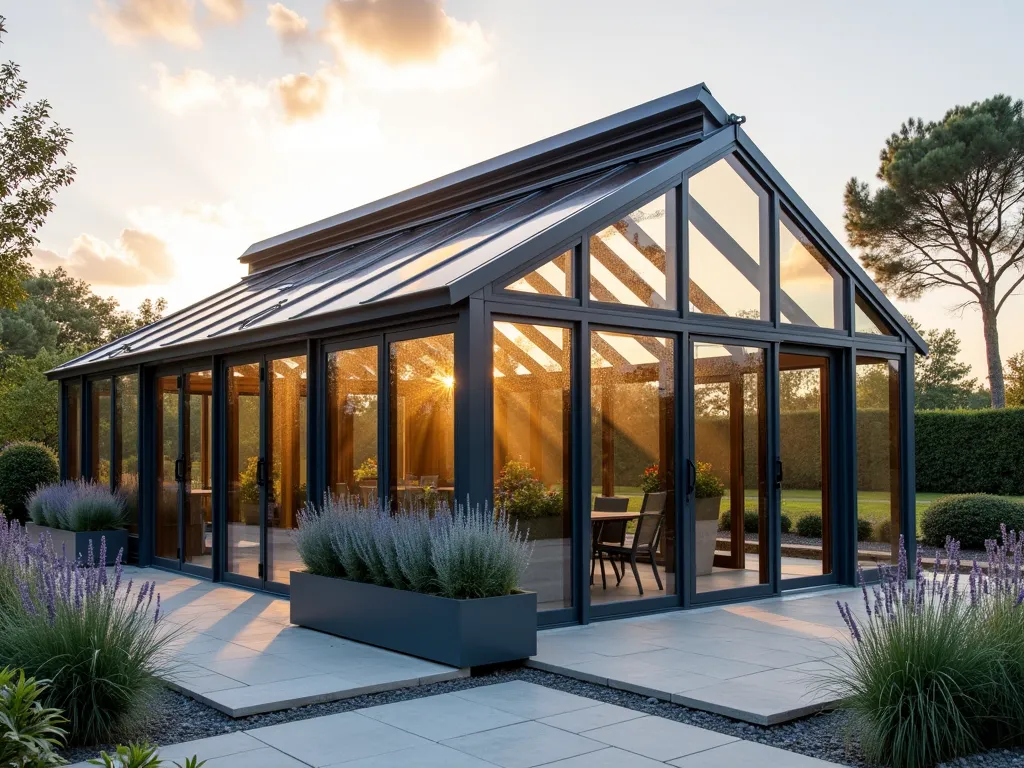 Modern Grey Greenhouse in Contemporary Garden - A stunning modern greenhouse with sleek grey aluminum frame and floor-to-ceiling glass panels, captured at golden hour with soft sunlight filtering through. The greenhouse is set in a minimalist garden with geometric concrete pavers and sculptural ornamental grasses. The structure features clean lines and contemporary design, with sliding glass doors and automated roof vents. Surrounding the greenhouse are raised steel planters containing lavender and silver-foliaged plants. A DSLR wide-angle shot showcases the architectural beauty while capturing the reflection of sunset clouds in the glass panels, creating a dramatic interplay of light and shadow. The composition emphasizes the greenhouse's role as both a functional growing space and a sophisticated garden focal point.